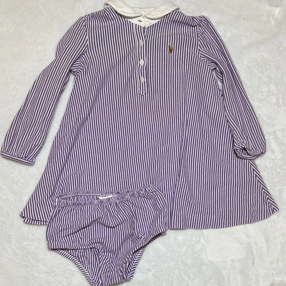 EUC long sleeve Ralph Lauren purple Stripe & Yellow Dress Set 24mo